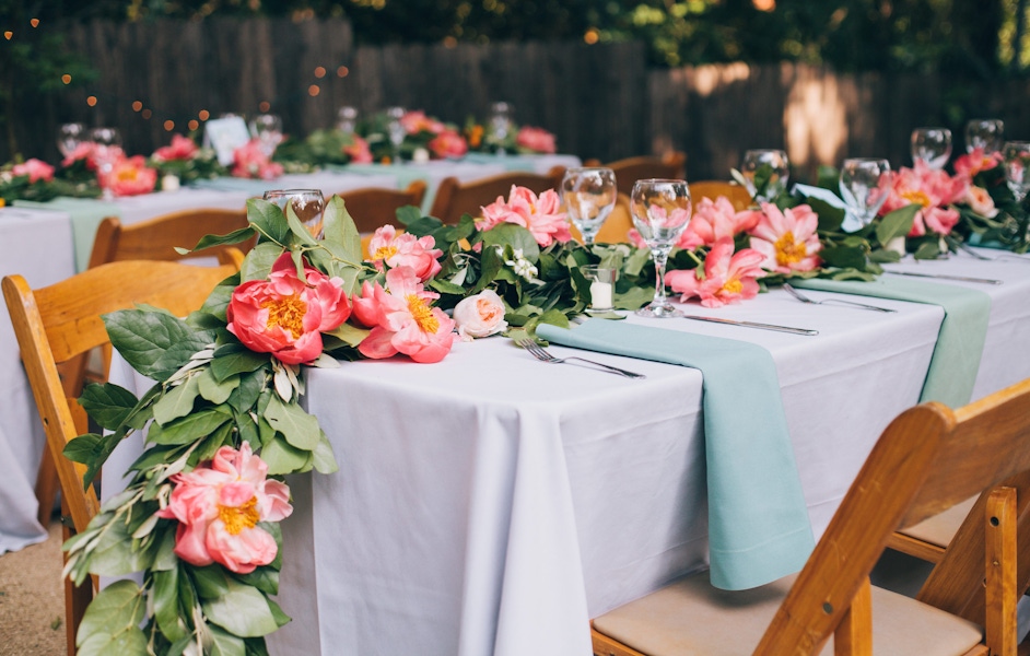 peach and green floral table runner