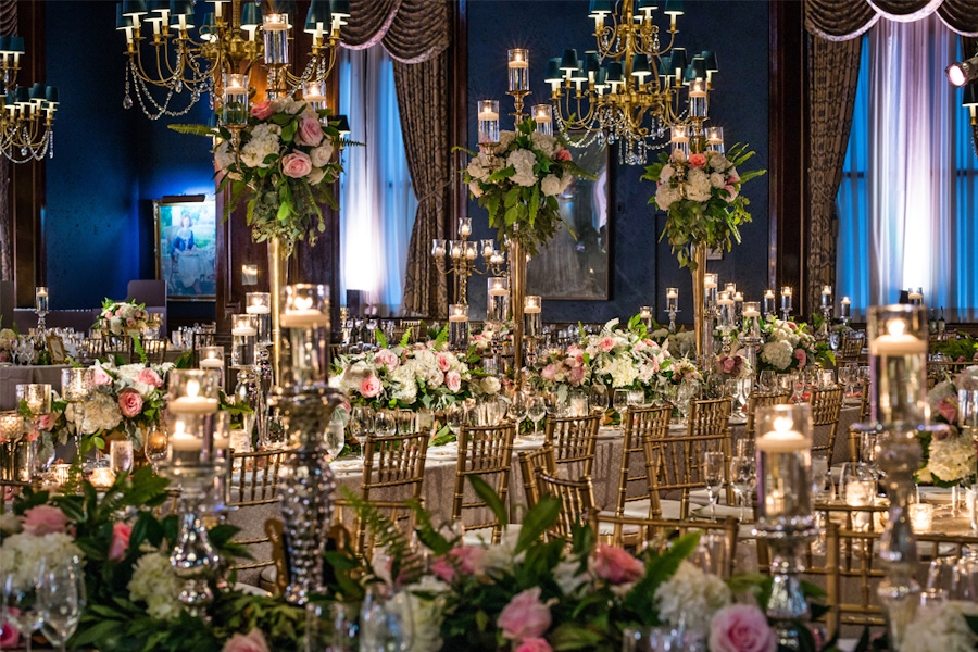 Floral decorations and gold chairs