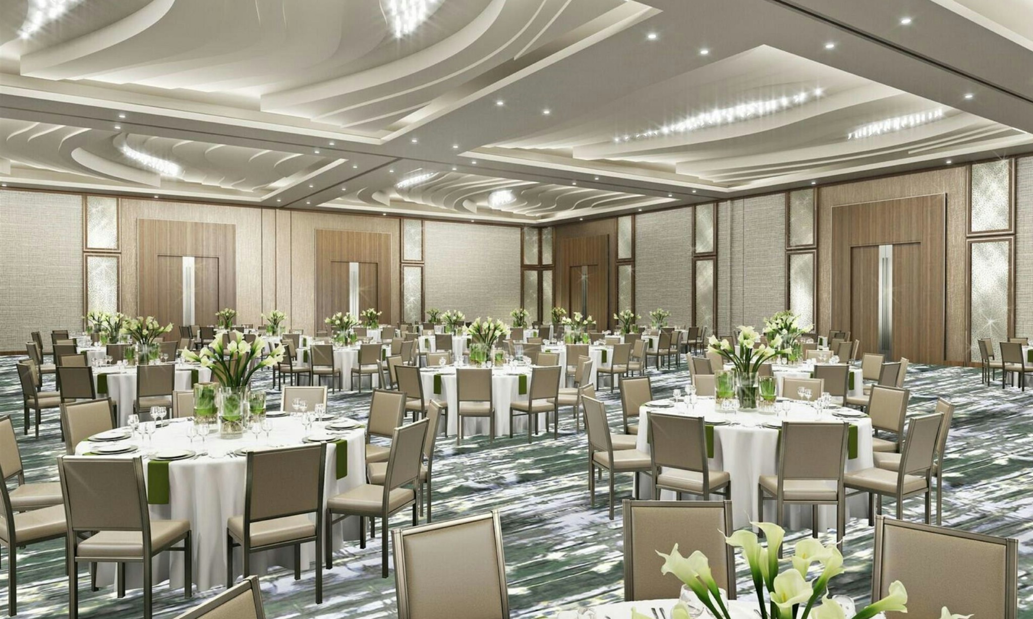Twinkling light fixtures and white table decor with flower accents at InterContinental Houston