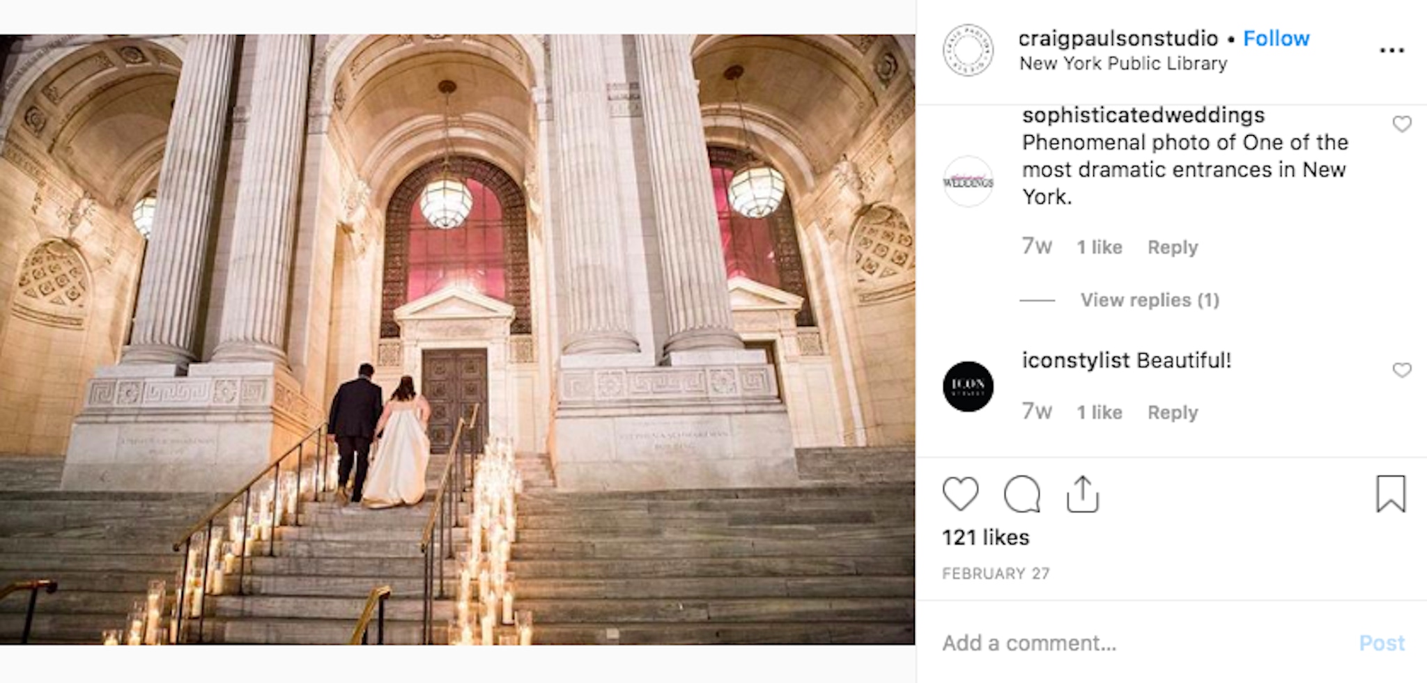 New York Public Library candlelit stairs bride and groom wedding