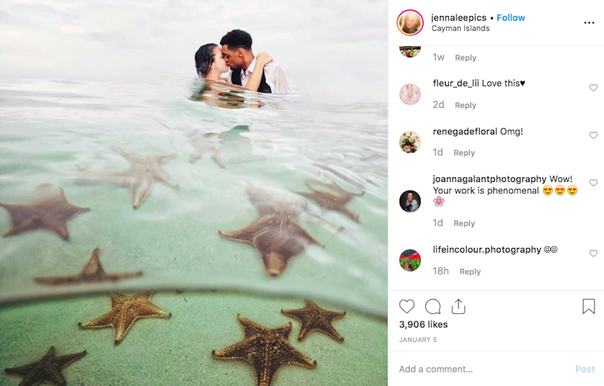 bride and groom in water with starfish