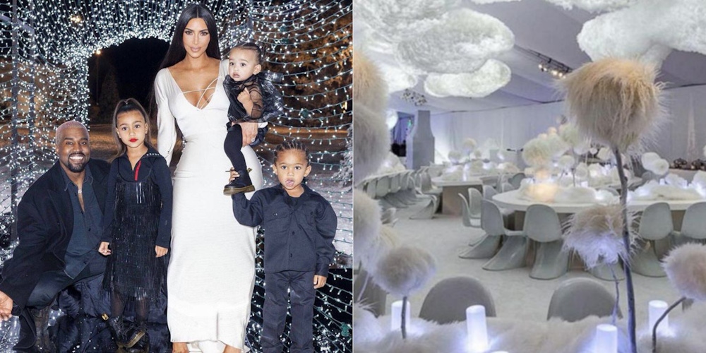 Twinkle lights and white feather decor at Kim Kardashian Christmas Eve party
