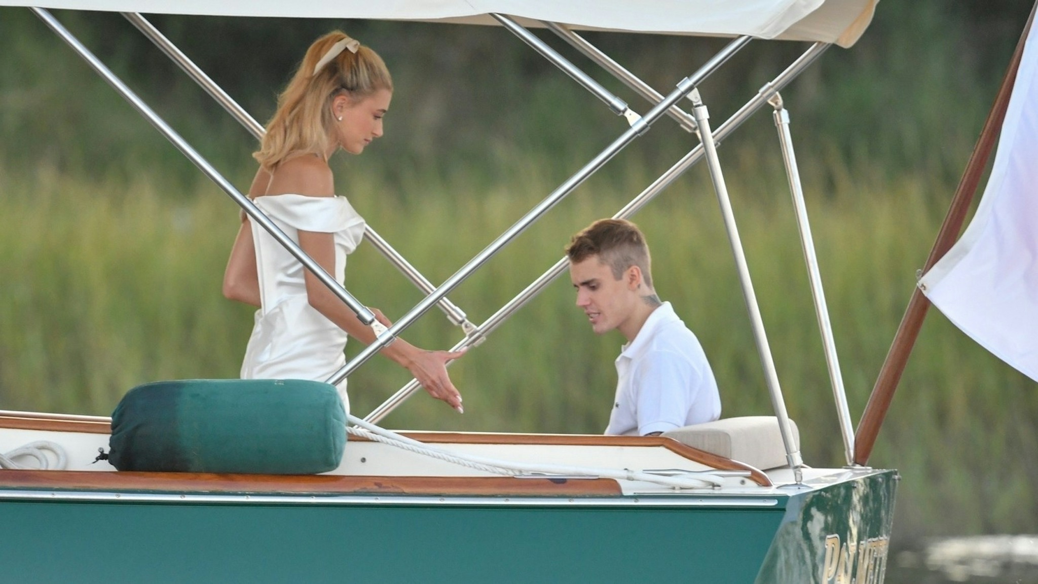 Justin and Hailey Bieber on their way to their rehearsal dinner on a boat at Montage Palmetto Bluff