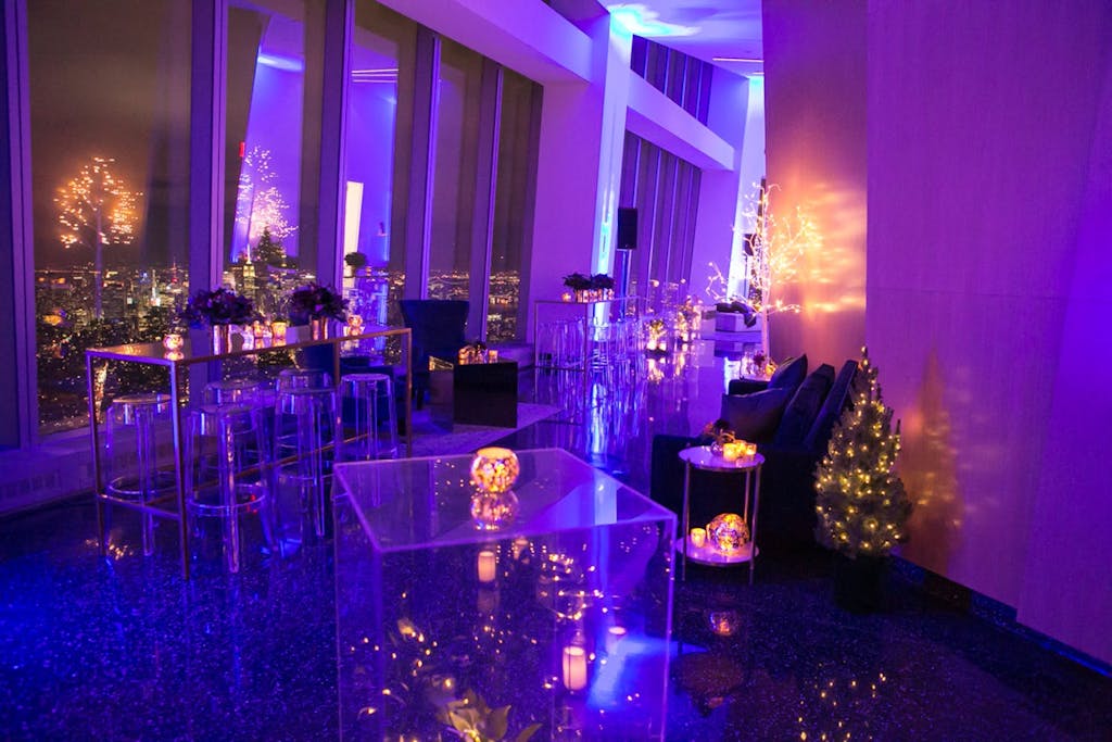 Aspire One World Observatory with purple uplighting and twinkling lights | PartySlate