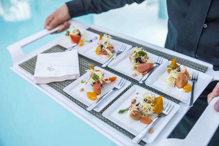 server holding tray of artfully-plated cuisine
