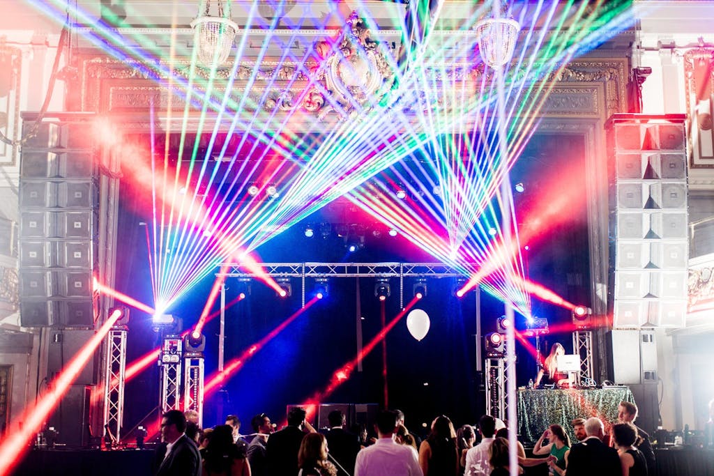 Dance hall with colorful laser light show