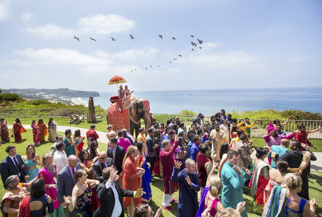 bride and groom ride baraat elephant against ocean backdrop while flock of birds fly overhead