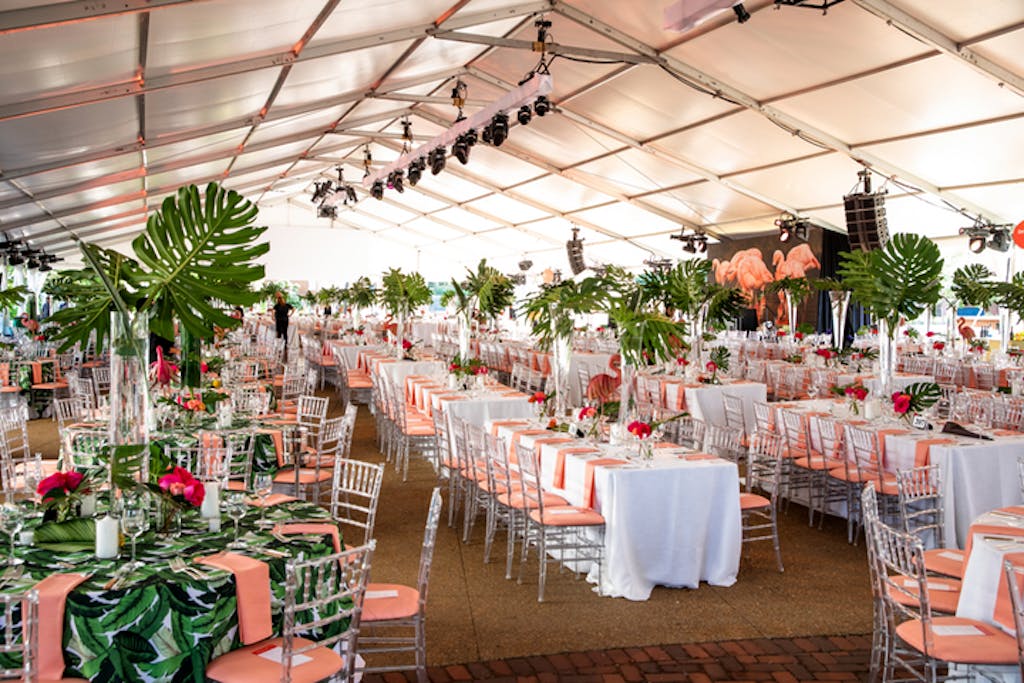 Atrium with white banquet tables, Chiavari chairs with pink cushions, green-leafy tablecloths, and fern décor.