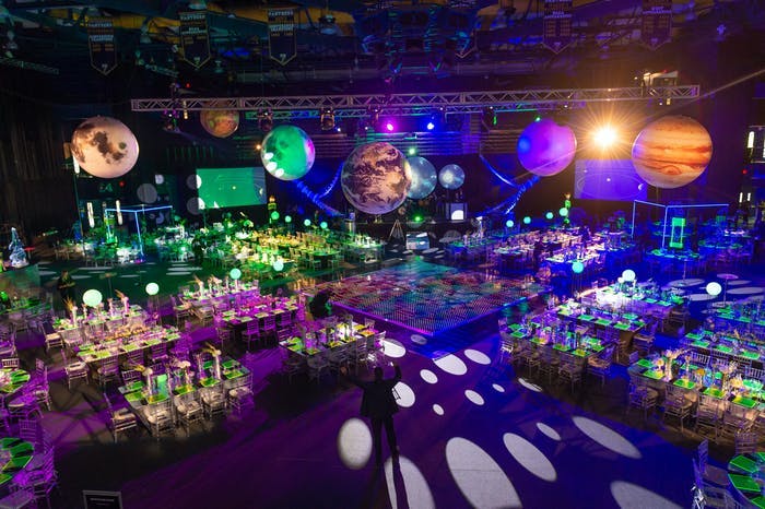 “Galactica” Gala Space-Themed Party With Planetary Décor Ceiling Installation | PartySlate