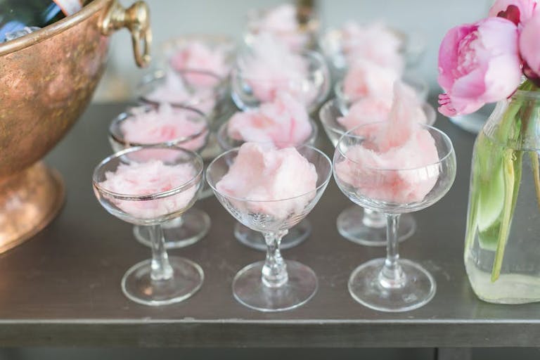 DR Loft Baby Shower Venue in Chicago, IL With Close Up View of Plastic Champagne Glasses Filled With Cotton Candy
