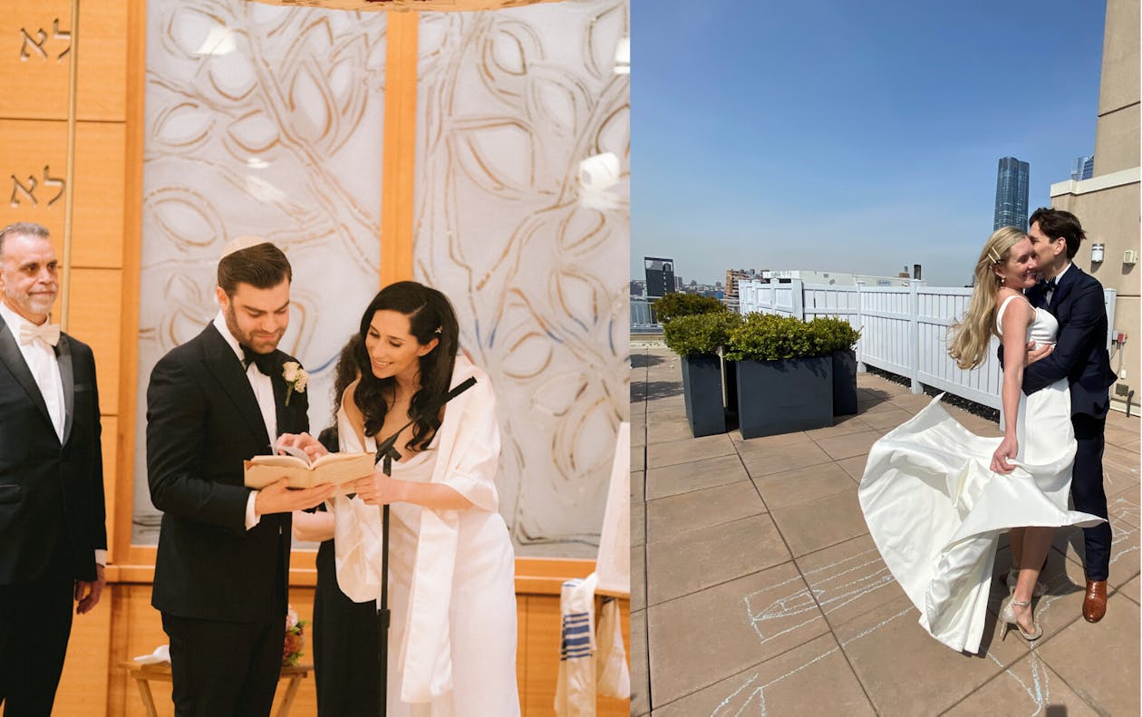 On the left, a bride and groom read from the Torah at their Temple. On the right, a bride and groom embrace on a rooftop. The sky is blue and the wind blows her white dress up slightly.