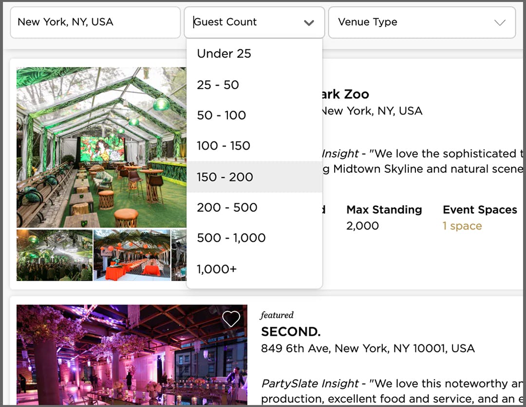 Instructions for how to enter your preferred guest count on PartySlate.com