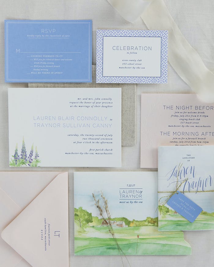 wedding invitations with white, blue and green accents