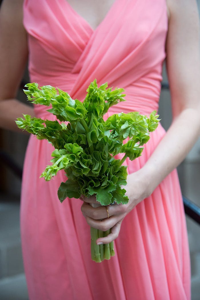 woman in a pink dress holding greenery