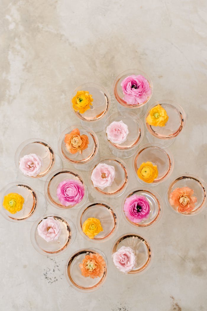 drinks from above with multicolored flowers