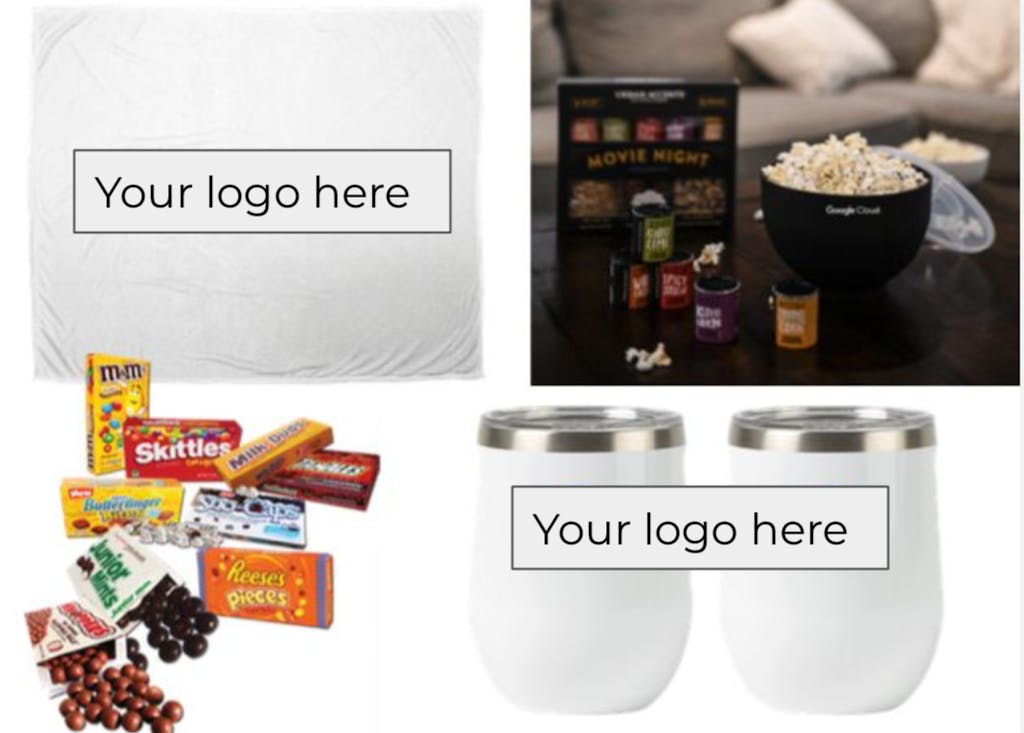 A movie night swag kit that includes flavored popcorn, candy, and white cups and a blanket with space for branding.