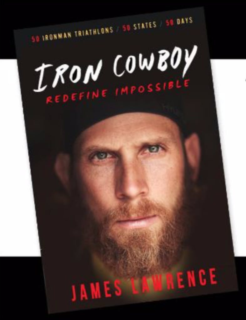 Book by James Lawrence, called Iron Cowboy, with bearded man's face on cover.