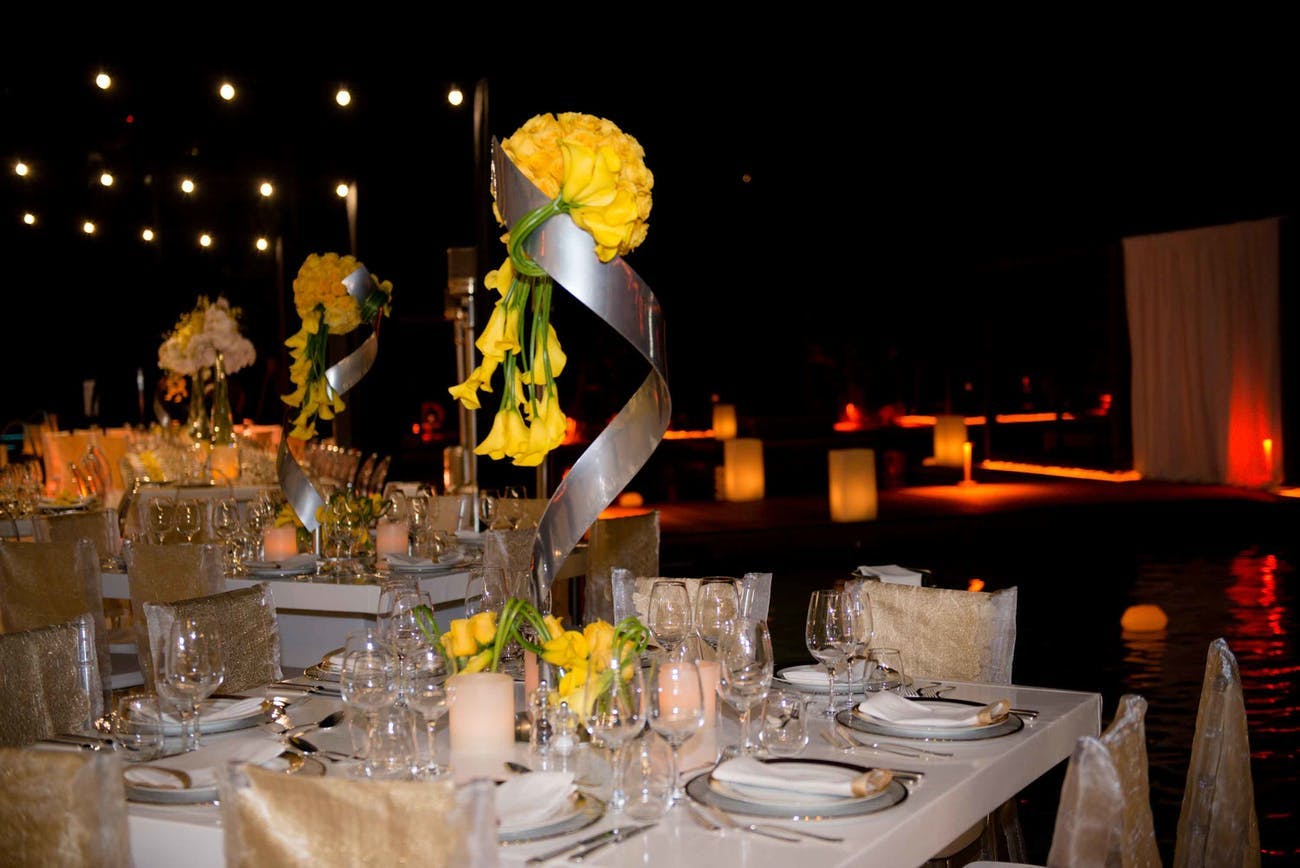 Glamorous corporate dinner party with modern and unique centerpieces | PartySlate