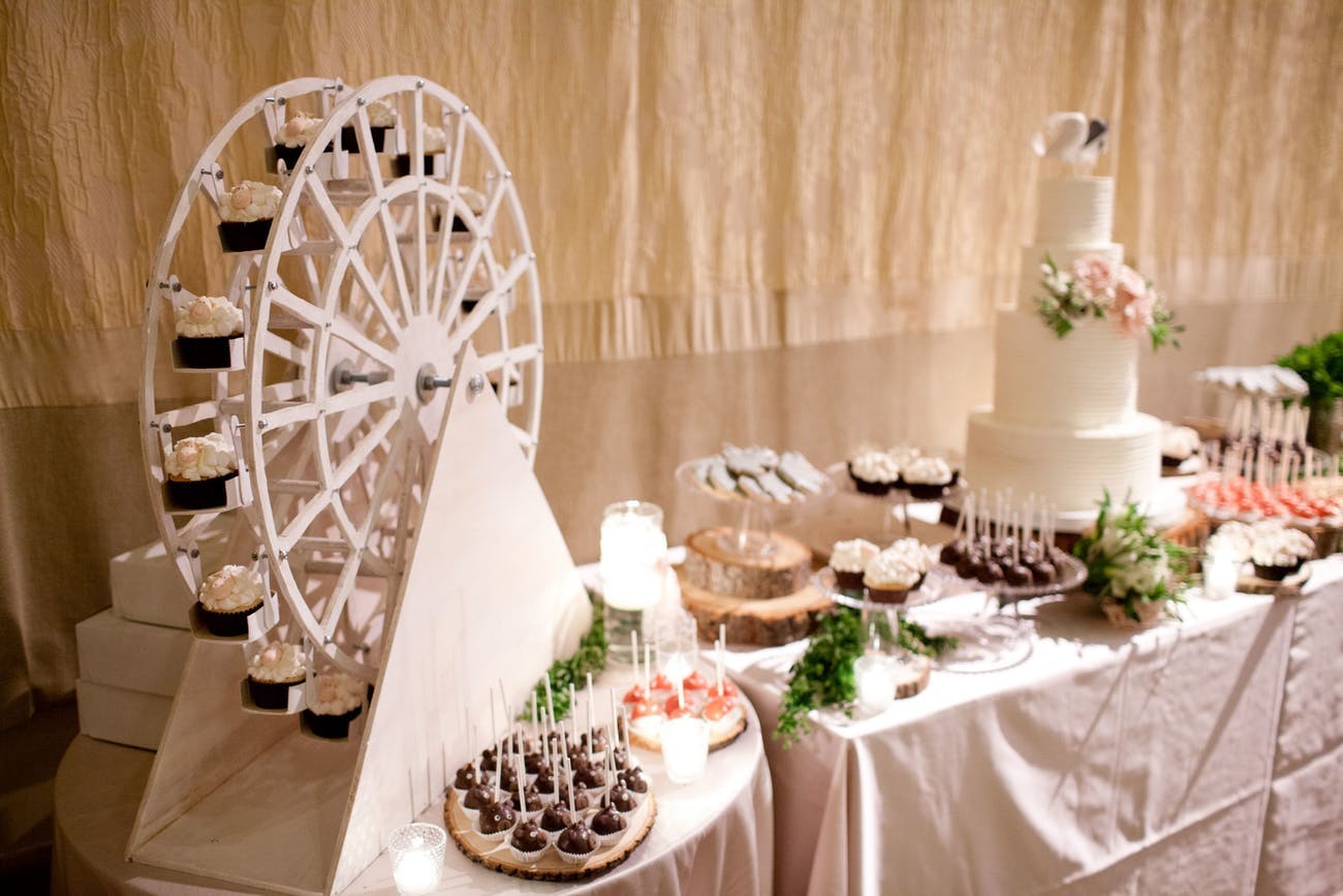 Wedding cake and cupcake ferris wheel.