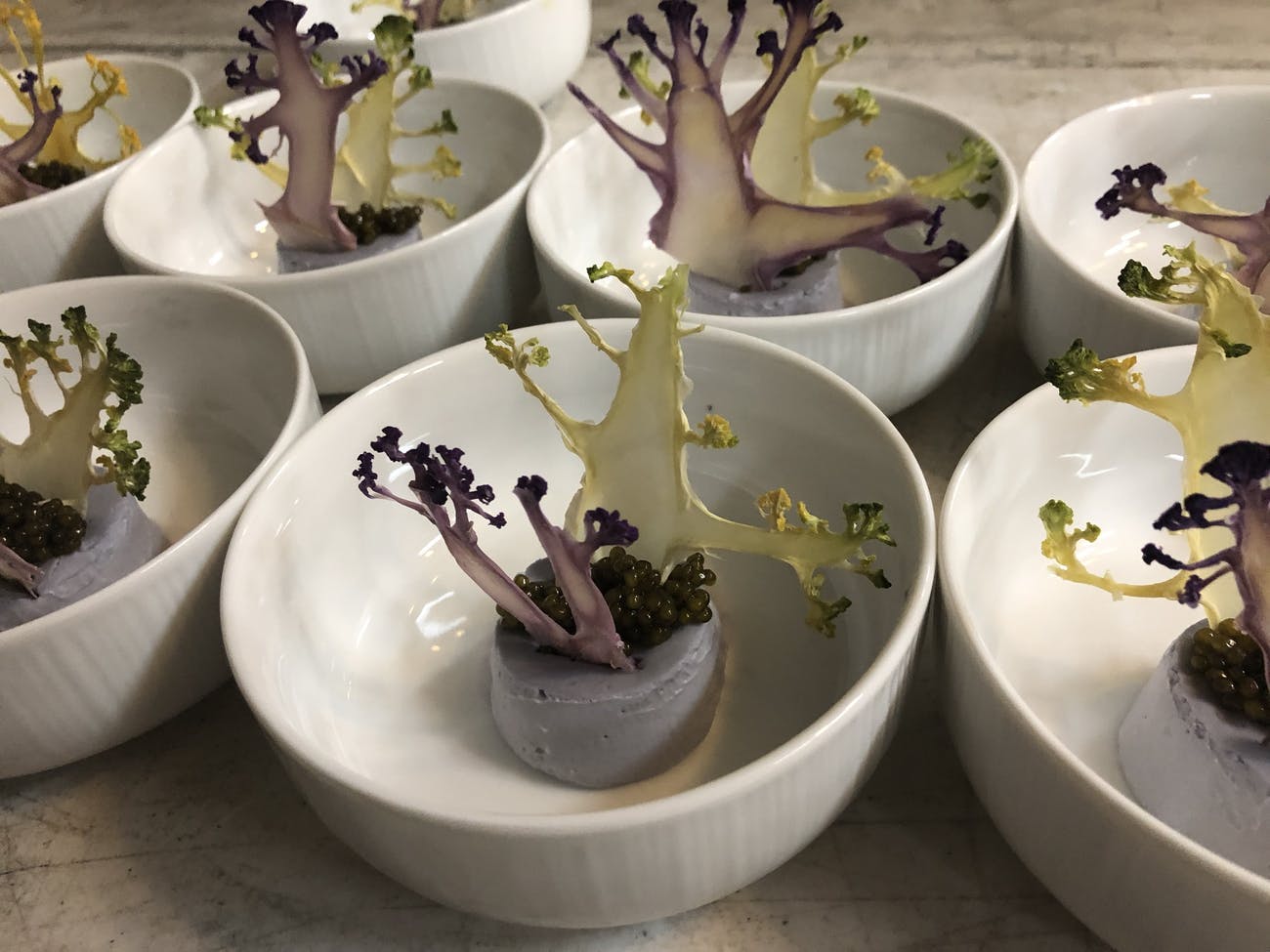 Corporate dinner party with creative and unique broccoli dishes.