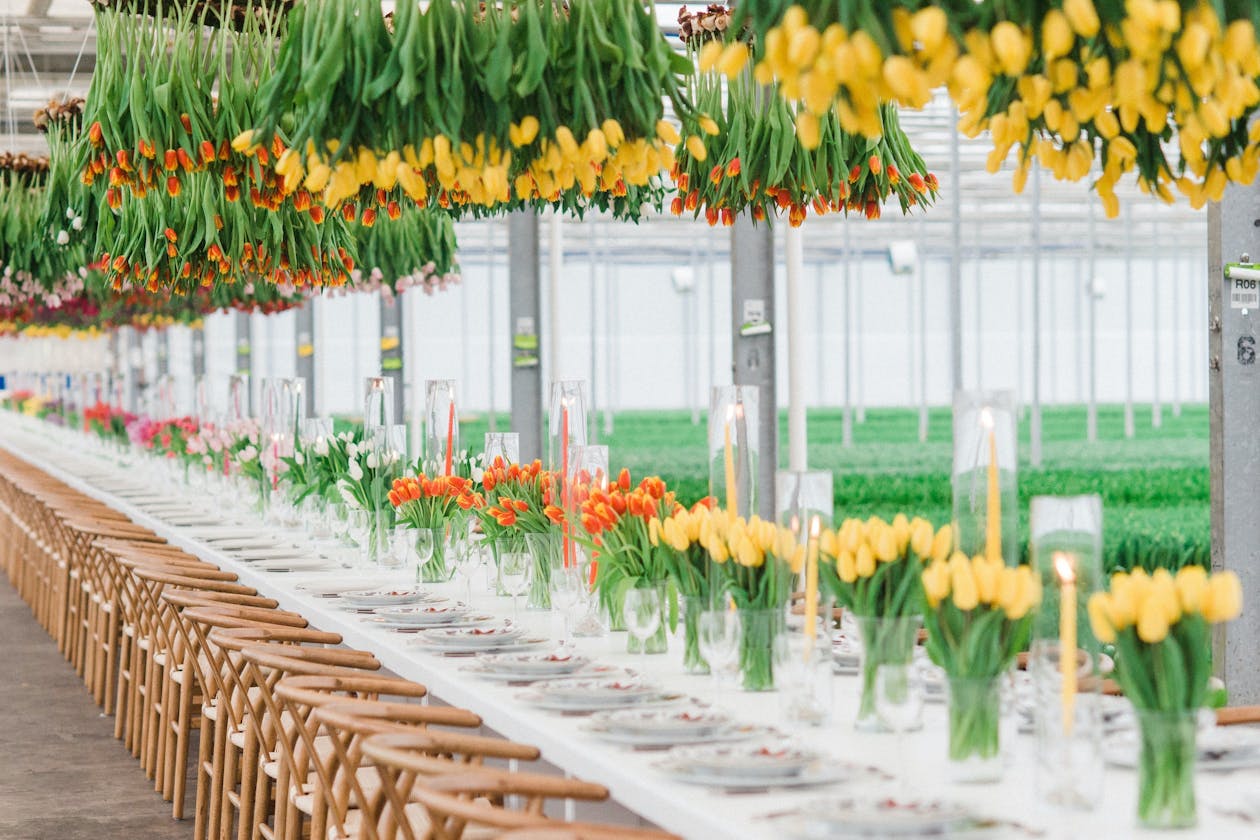 Corporate dinner party with bright tulip floral arrangements.