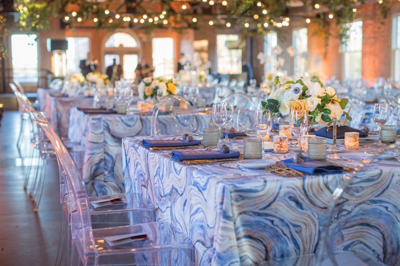 Corporate dinner party with funky table linen | PartySlate