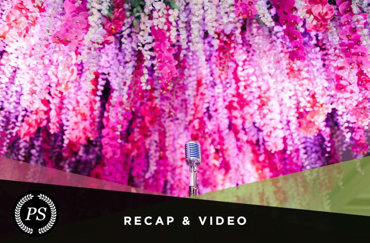 Video recap of PartySlate hosted panel with photo of pink and purple floral ceiling installation.