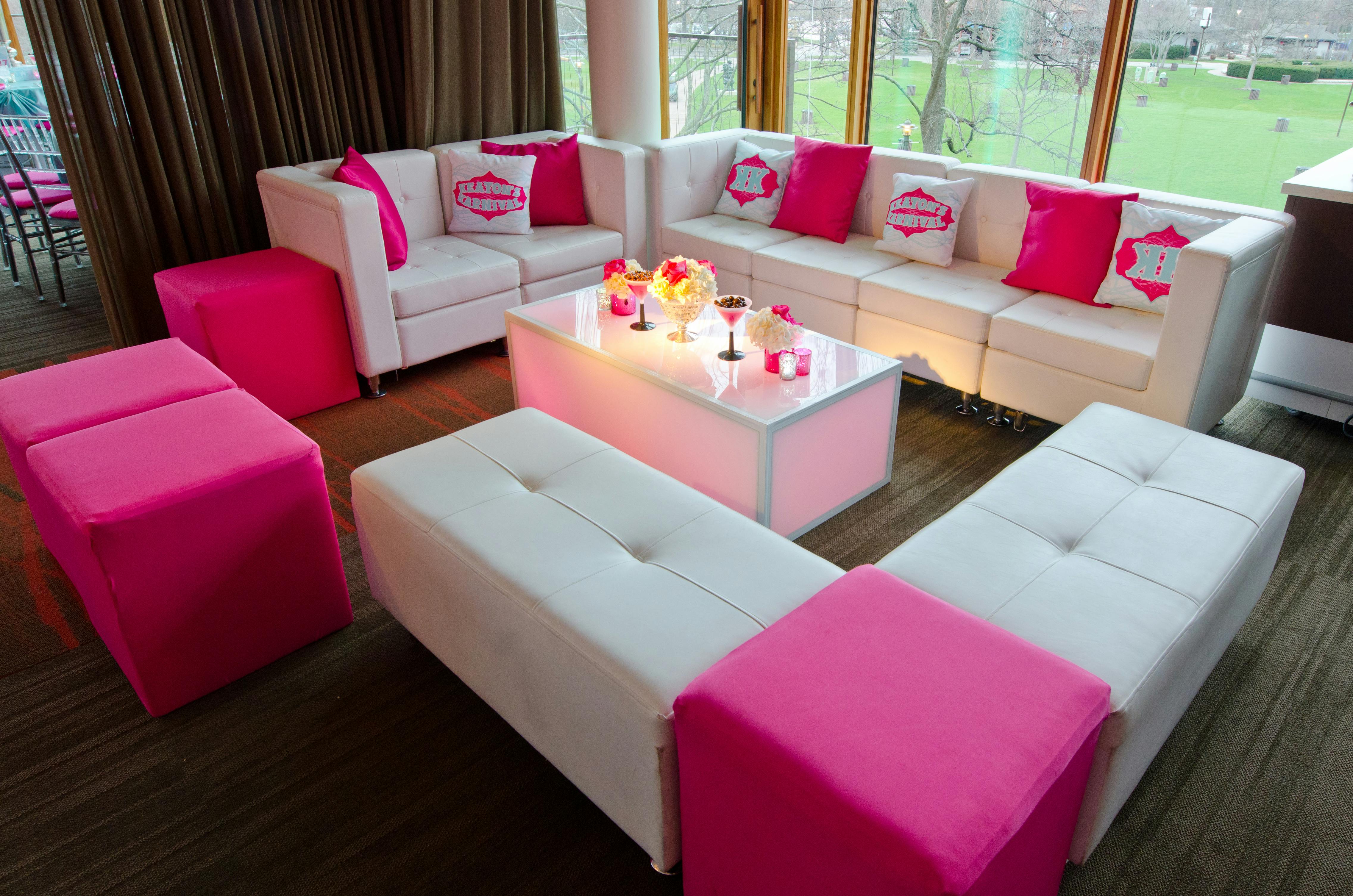 Karnival Pink Bat Mitzvah with luxe pink lounge area | PartySlate