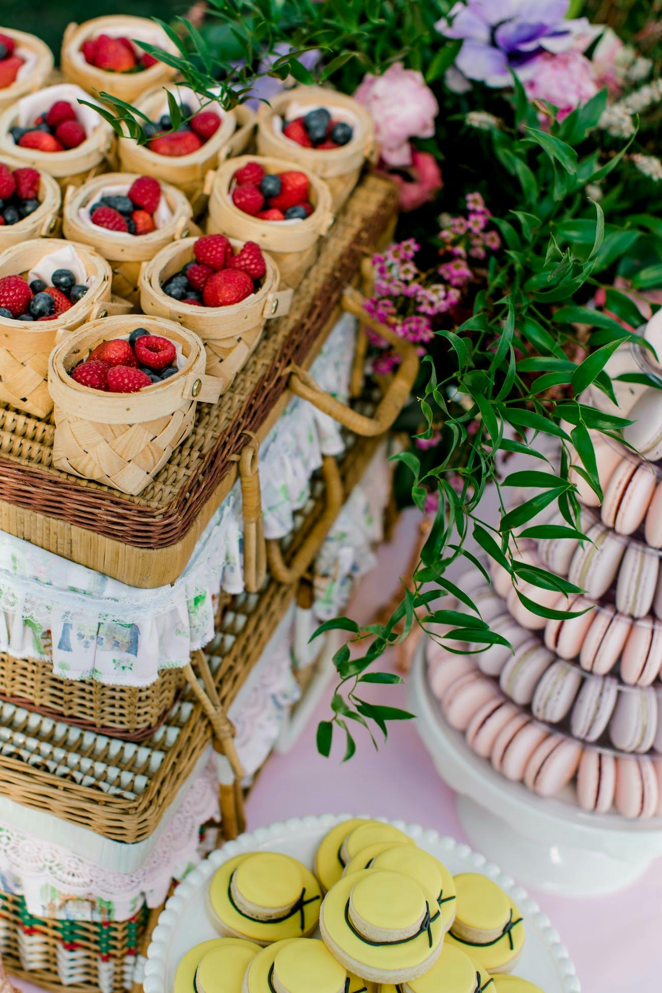Little Cups with Fresh Berries and a Tower of Macaroons