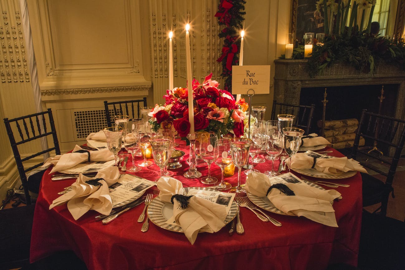 Red Table with Red Rose Bouquet and Candles