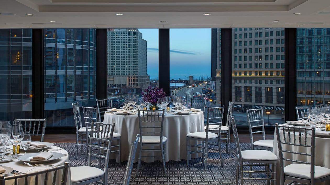 Melbourne Room at The Langham Chicago in Chicago Loop with views of Chicago River.