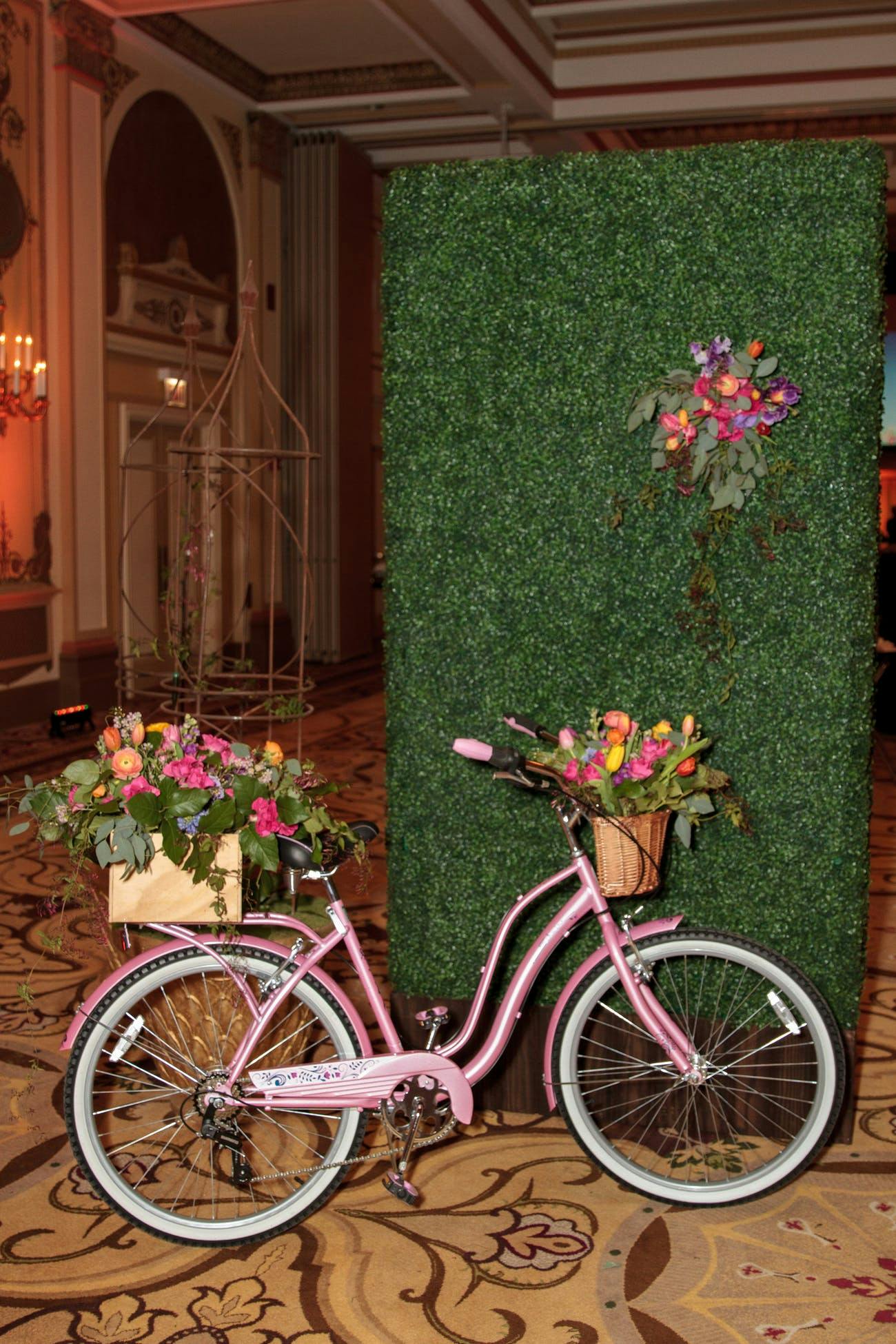 Light Pink Bike with Wood Baskets Filled with Flowers