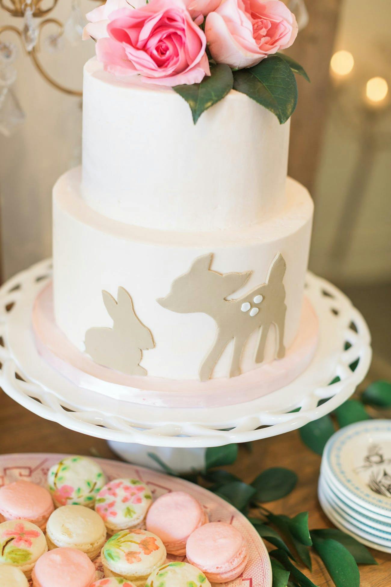 Two Tiered Cake with Baby Animals and a Pink Rose