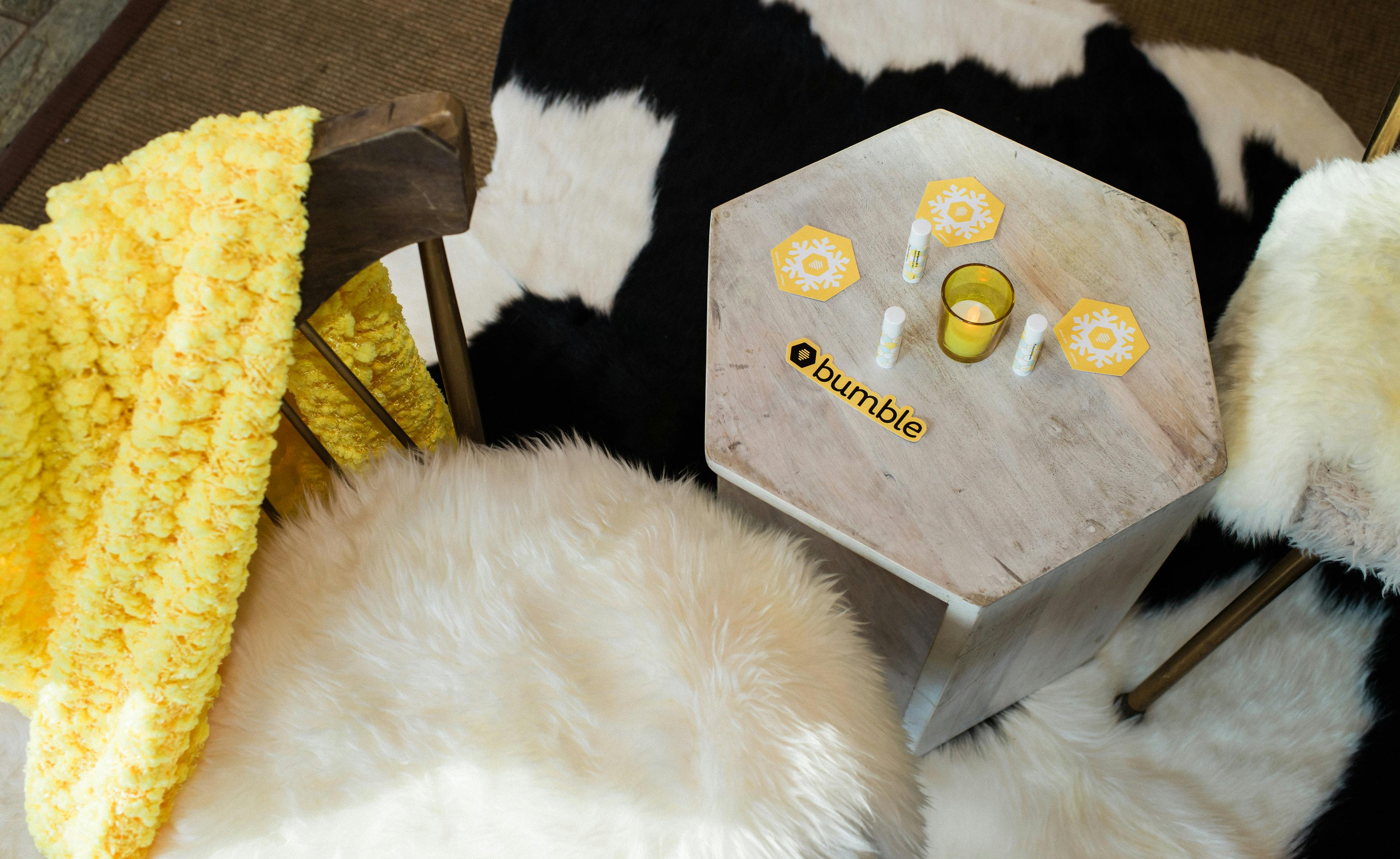 Aspen Winter Bumble brand party with honeycomb shape table | PartySlate