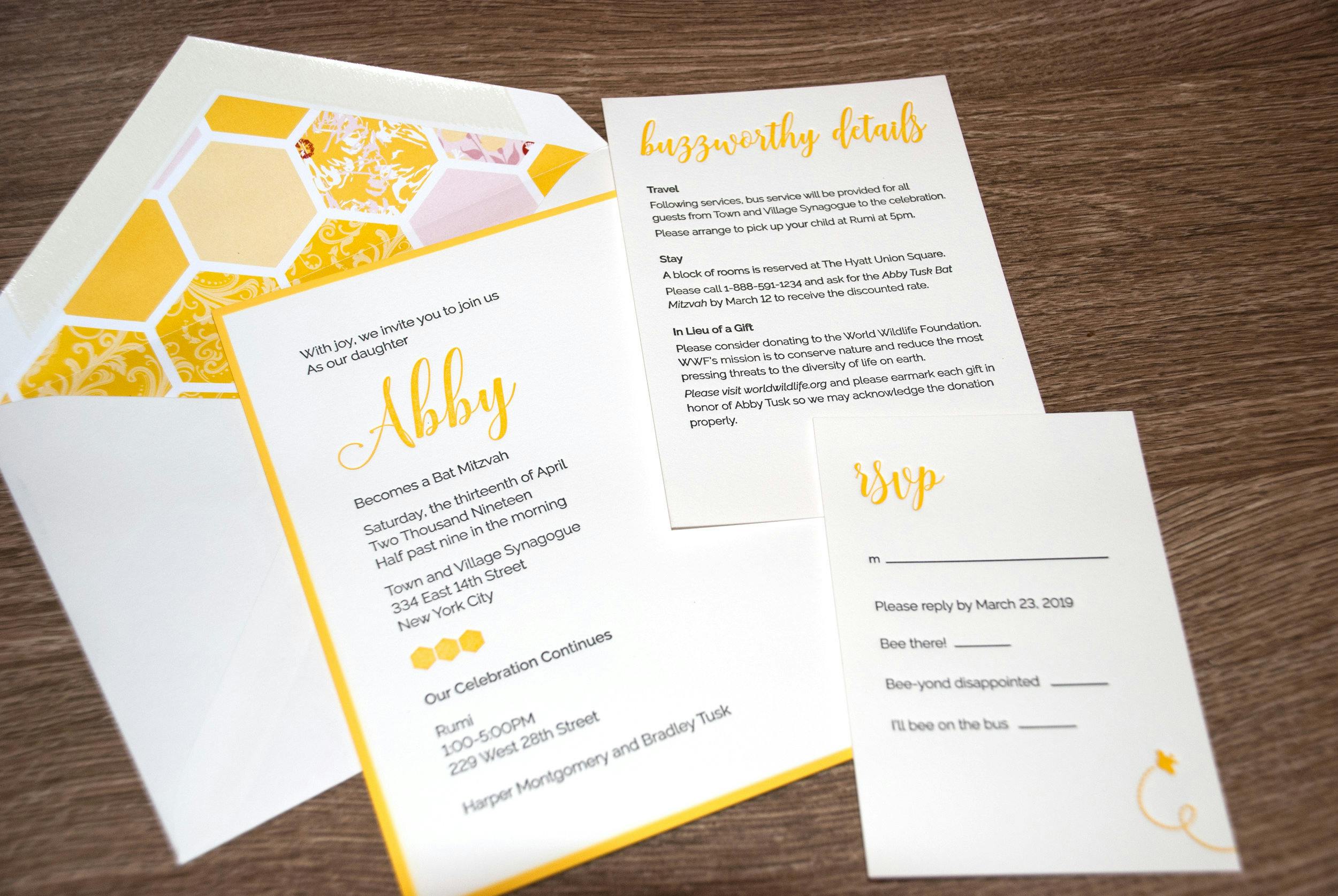 Bee themed invitation letters for Bat Mitzvah at Rumi Event Space in New York | PartySlate