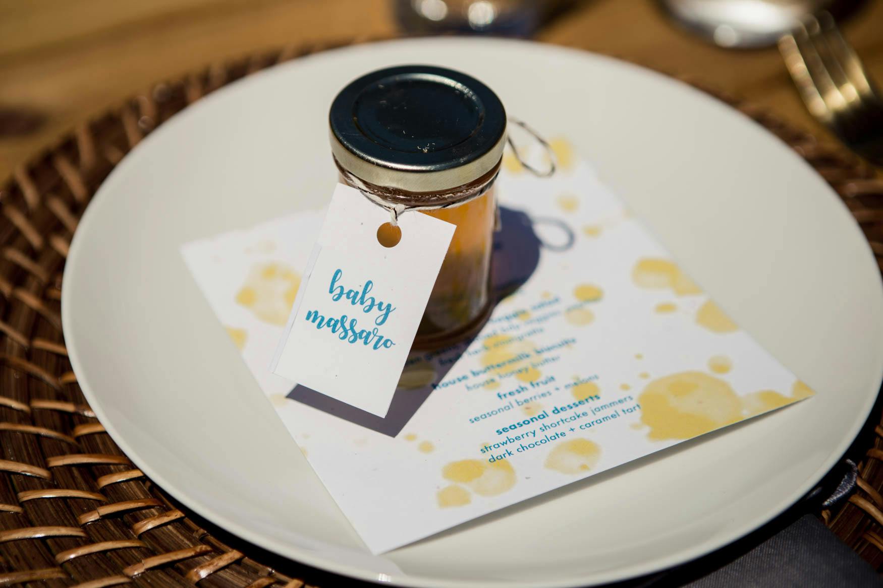 honey theme menu with tiny honey jar place cards | PartySlate