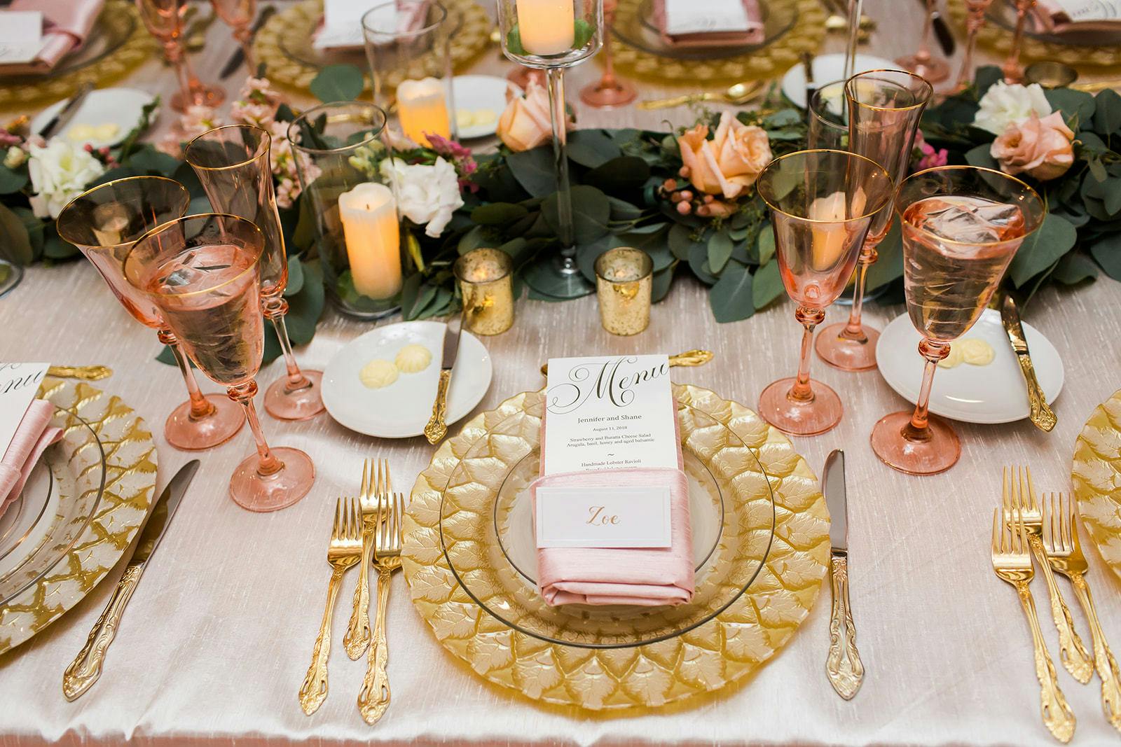 At Home Wedding With Pink And Gold Reception Table Decor | PartySlate