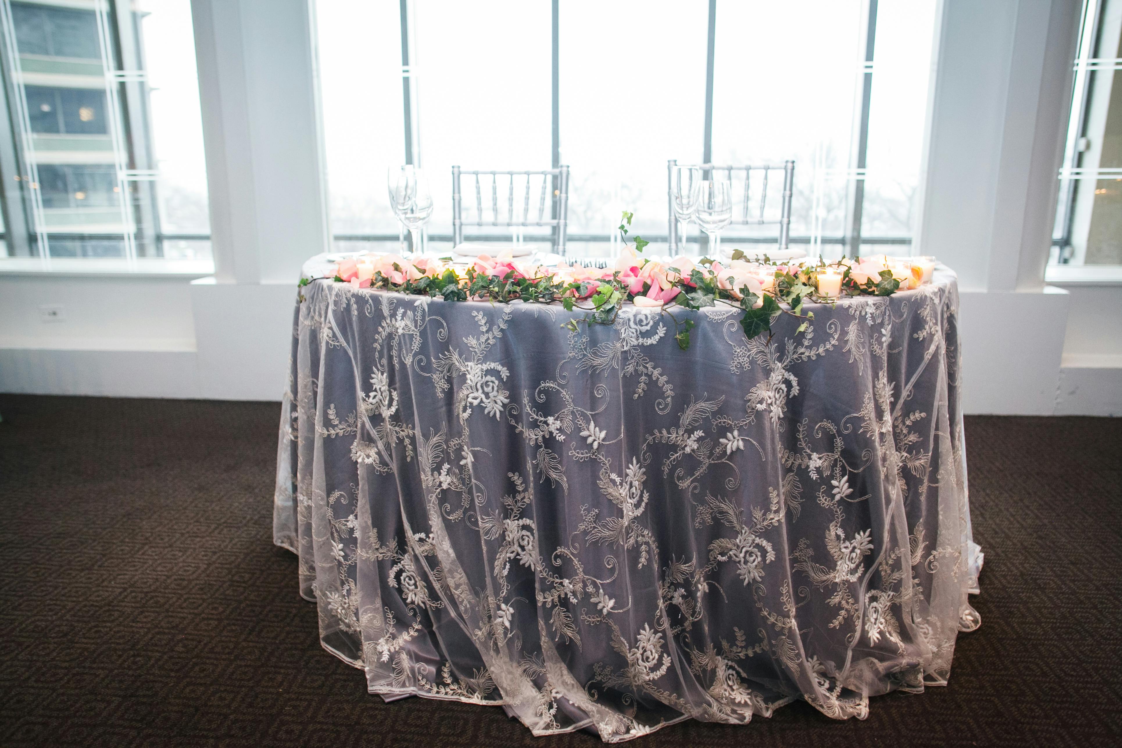 Glamorous Sweetheart Table in Silver Gray Spring Wedding Color Palette