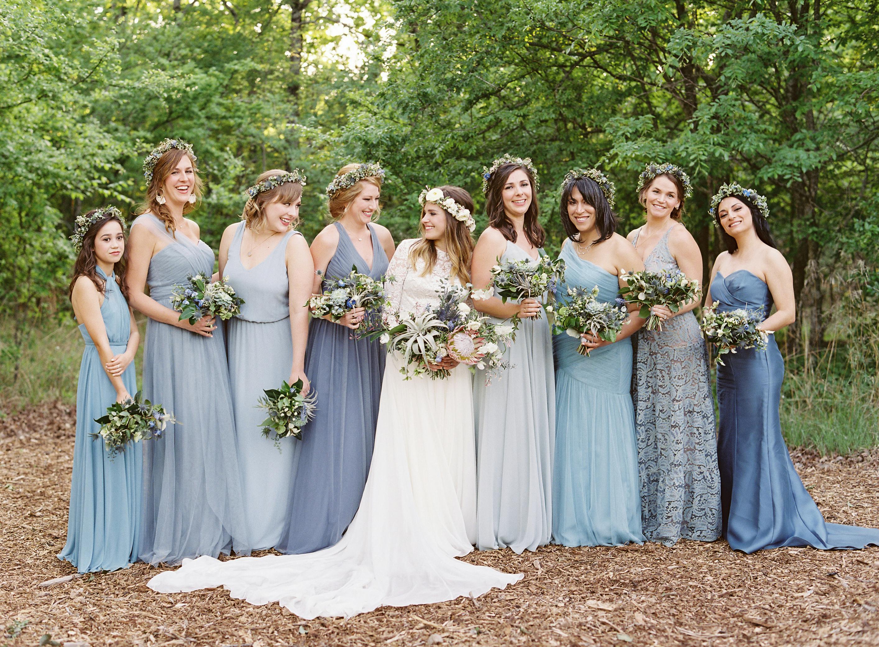 Boho-Inspired Wedding at The Grove in Denton, TX with Bridesmaids and Bride Wearing Blue Spring Wedding Colors | PartySlate