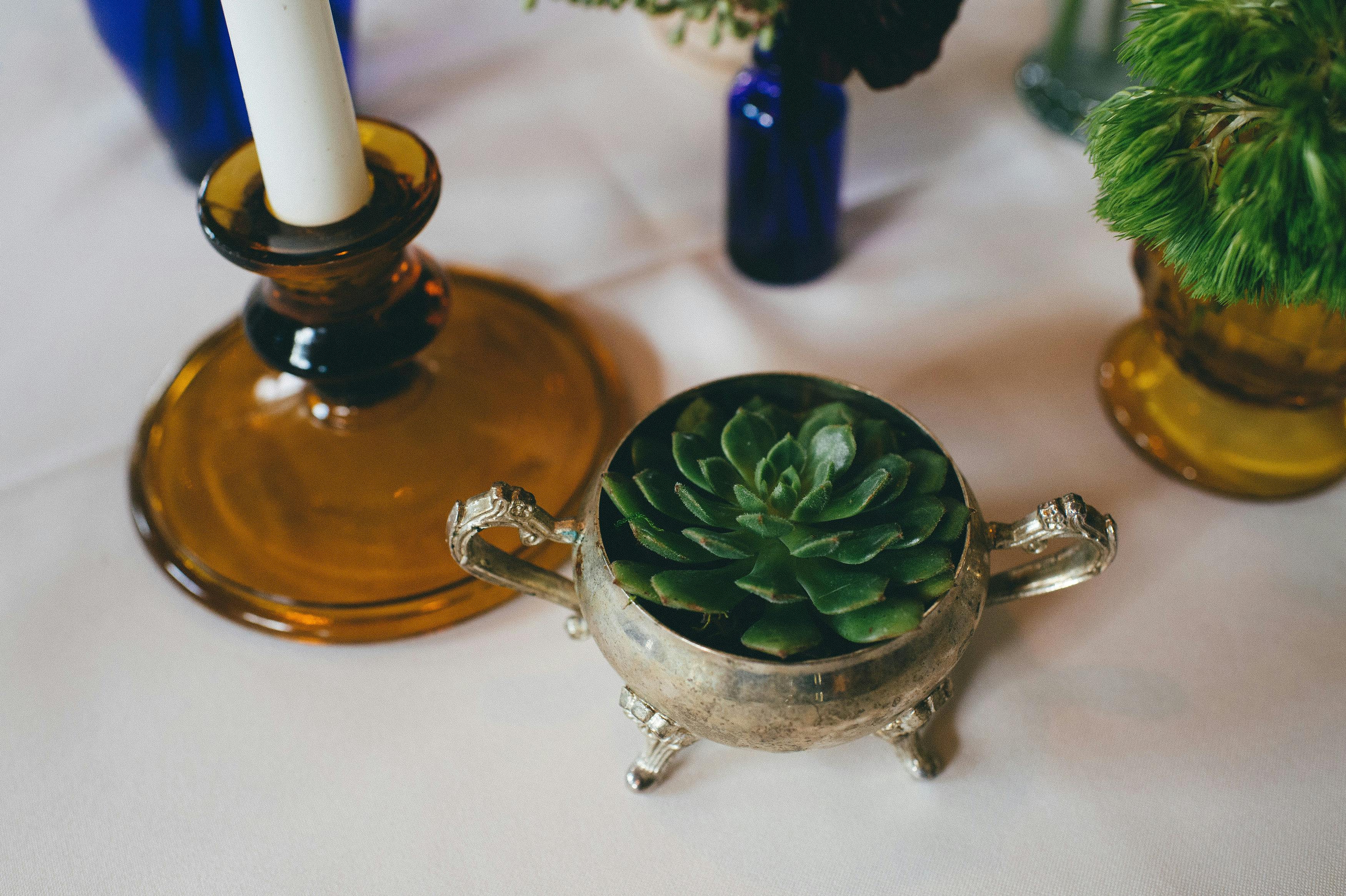 Succulent wedding centerpiece, blue vase ware, and golden candle stick holder.