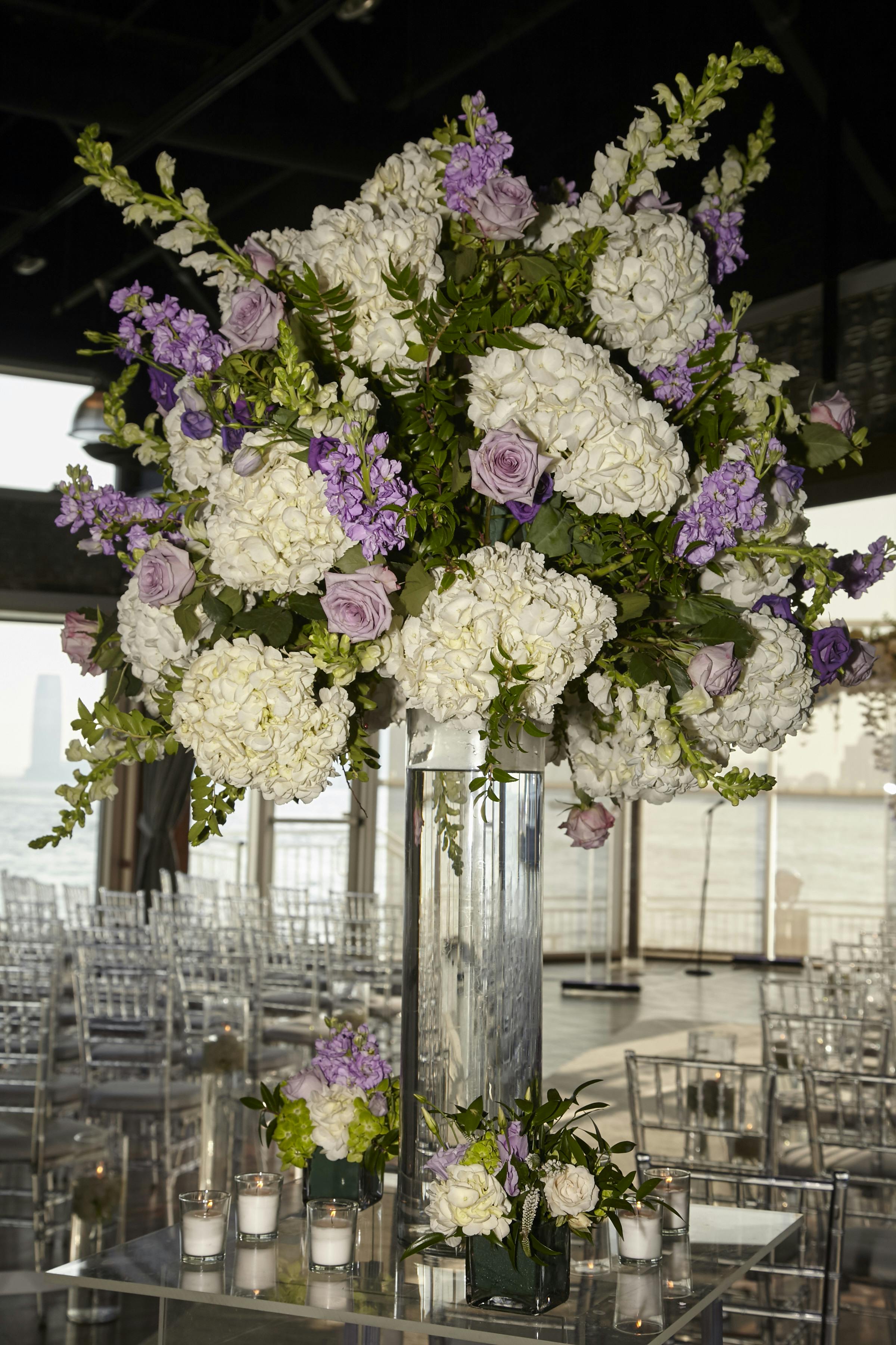 Centerpieces with White, Purple, and Green Spring Wedding Colors