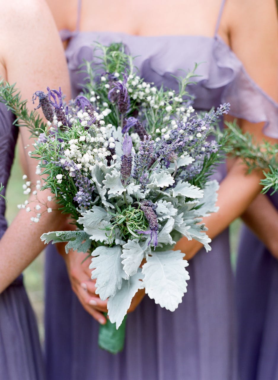 Outdoor Woodland Wedding with Bouquets in Lavender Spring Wedding Color Palette