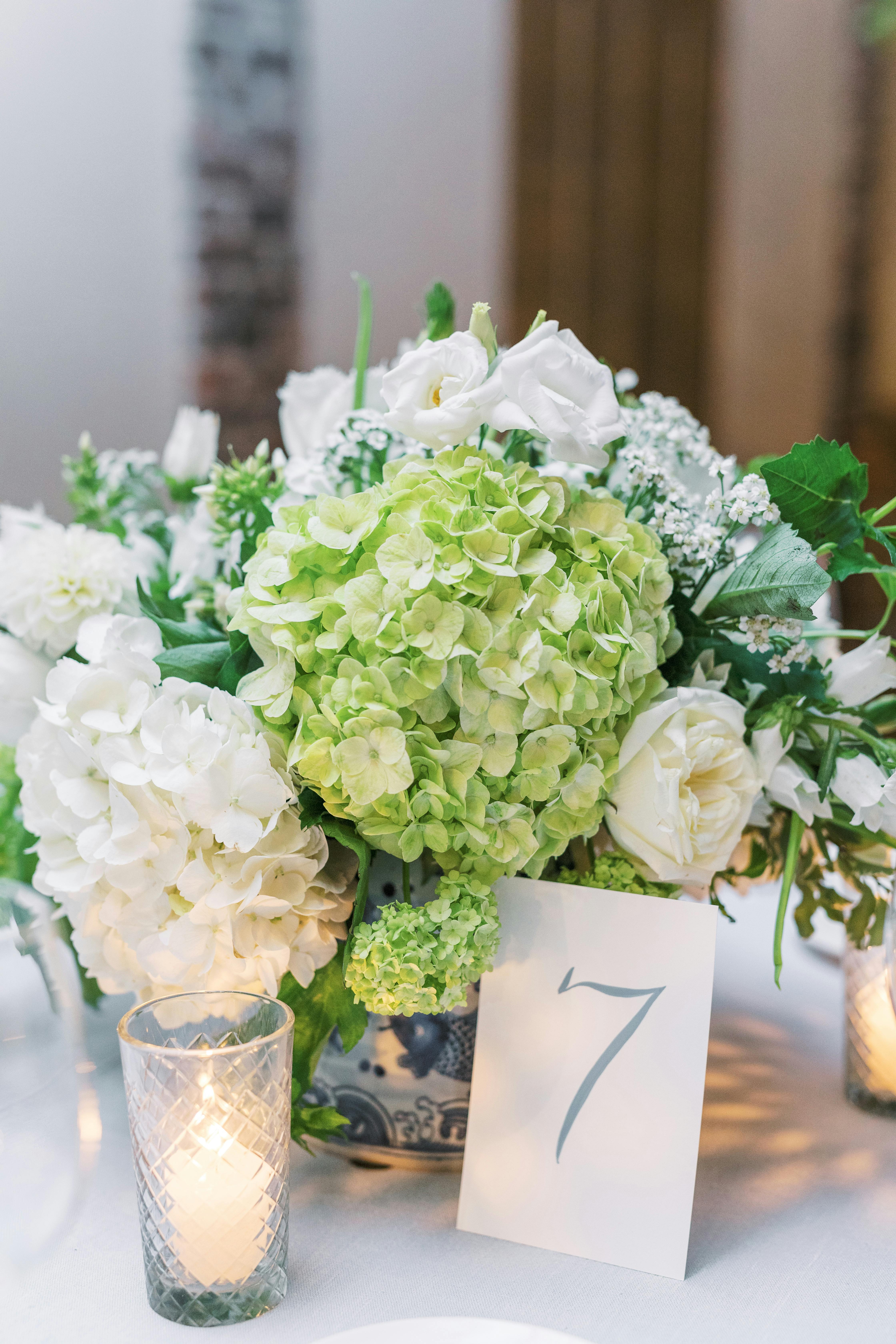 Close Up of Pale Green and White Hydrangea Wedding Centerpieces