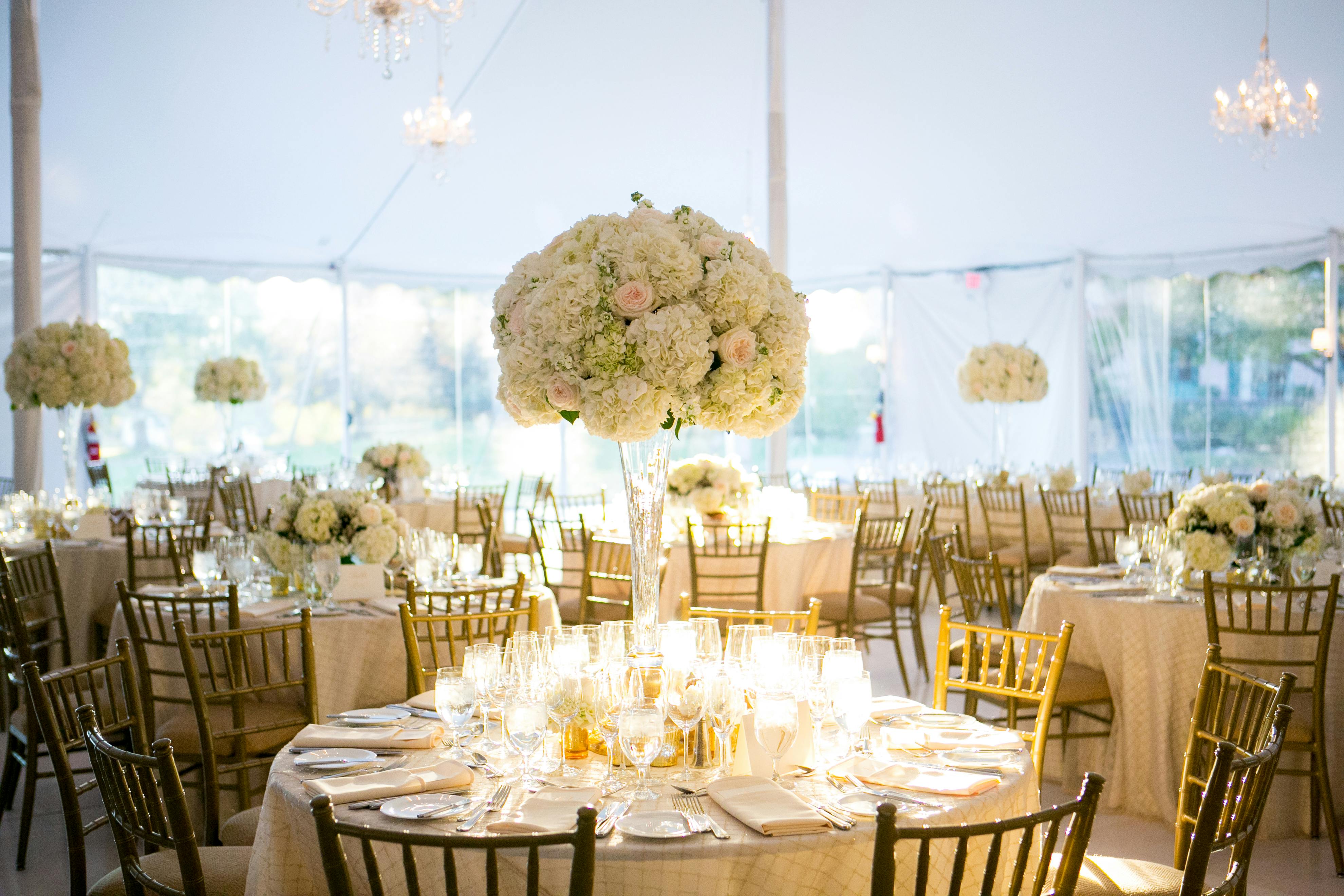 Tented Reception Venue with Towering Hydrangea Wedding Centerpieces and Clear Vases on Banquet Tables