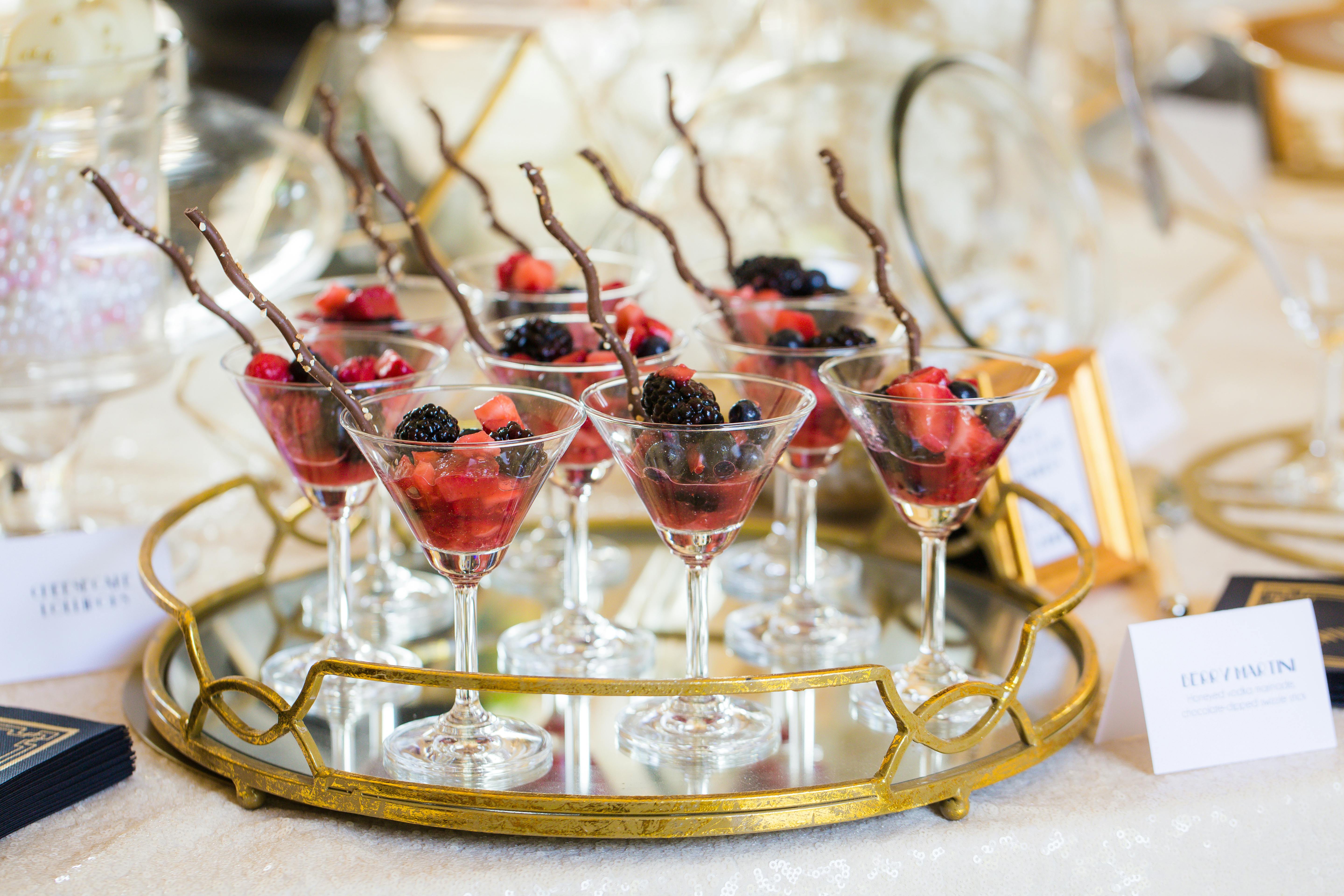 Fruity Desserts in Martini Glasses at a Gatsby Themed Bridal Shower | PartySlate