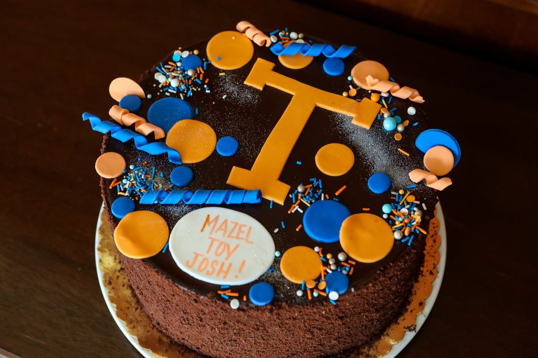 Mini Mitzvah celebration cake blue and orange | PartySlate