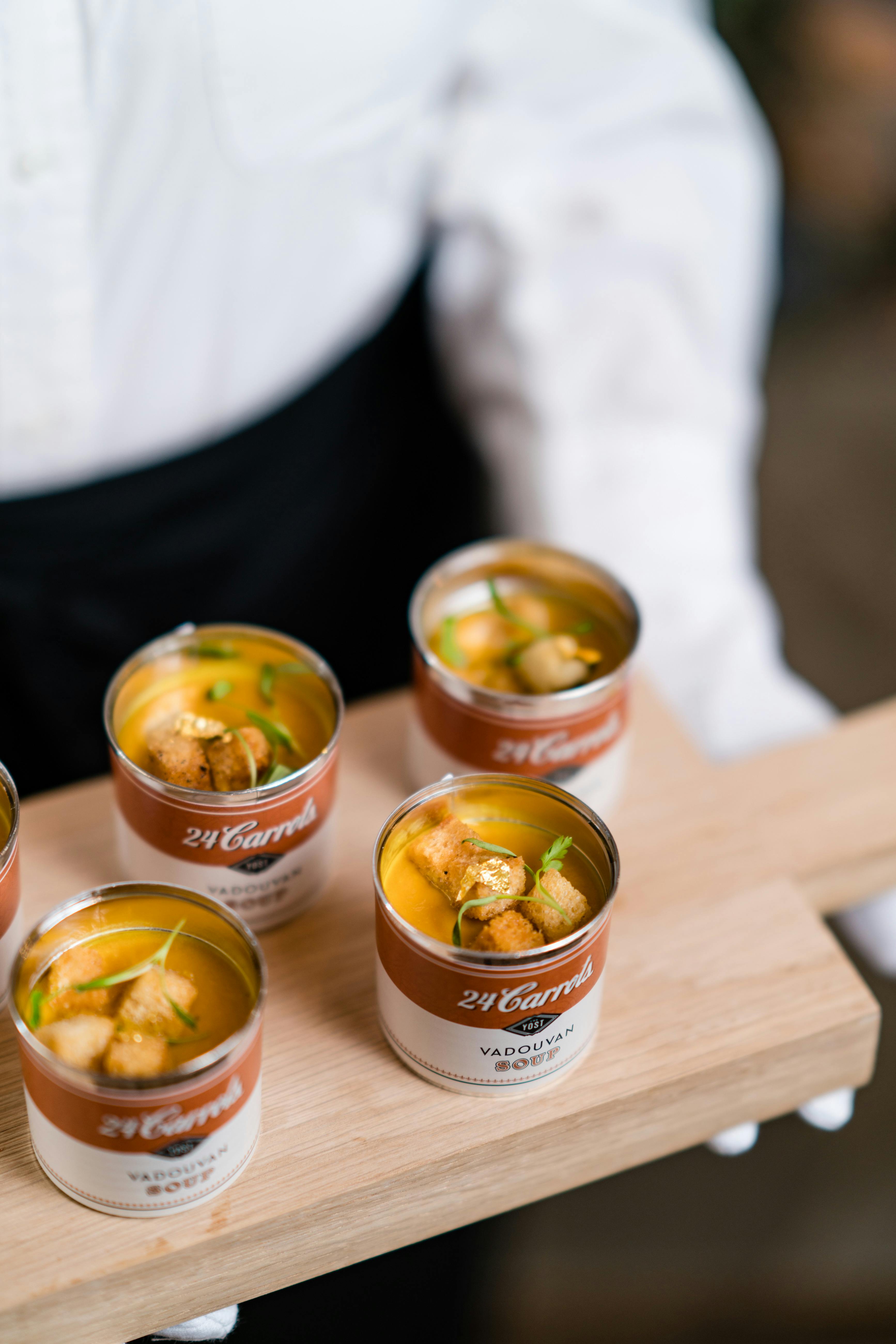 Sophisticated Dinner Party at The Yost Theater in Santa Ana, California With Soup Served in Soup Cans | PartySlate