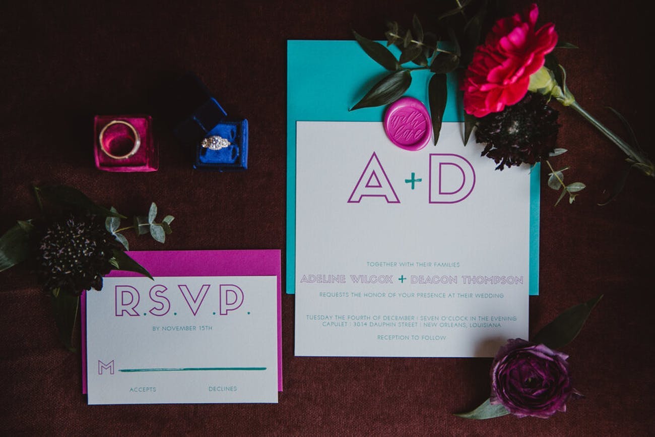 Blue and purple bold colored RSVP cards for a modern wedding | PartySlate