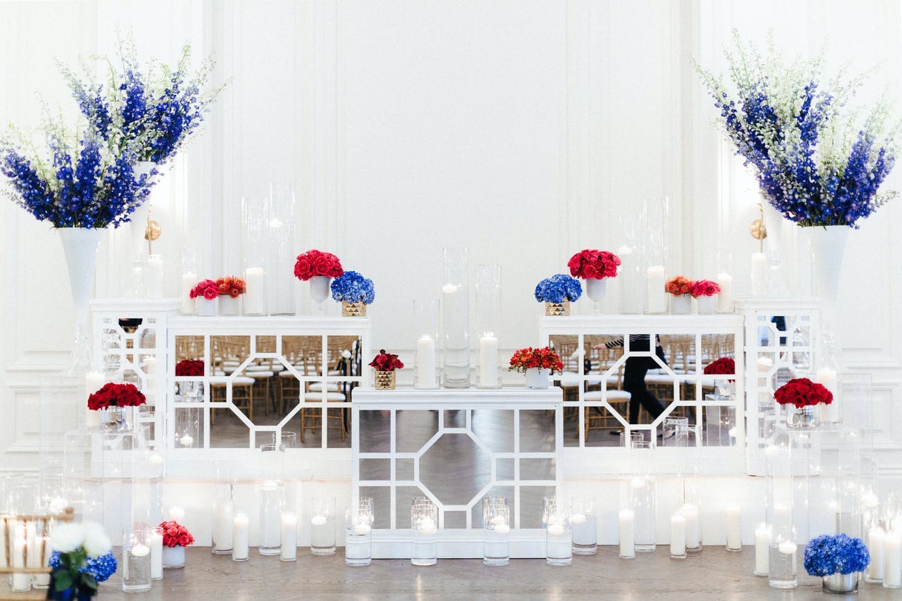 White blue and red modern wedding theme decor | PartySlate
