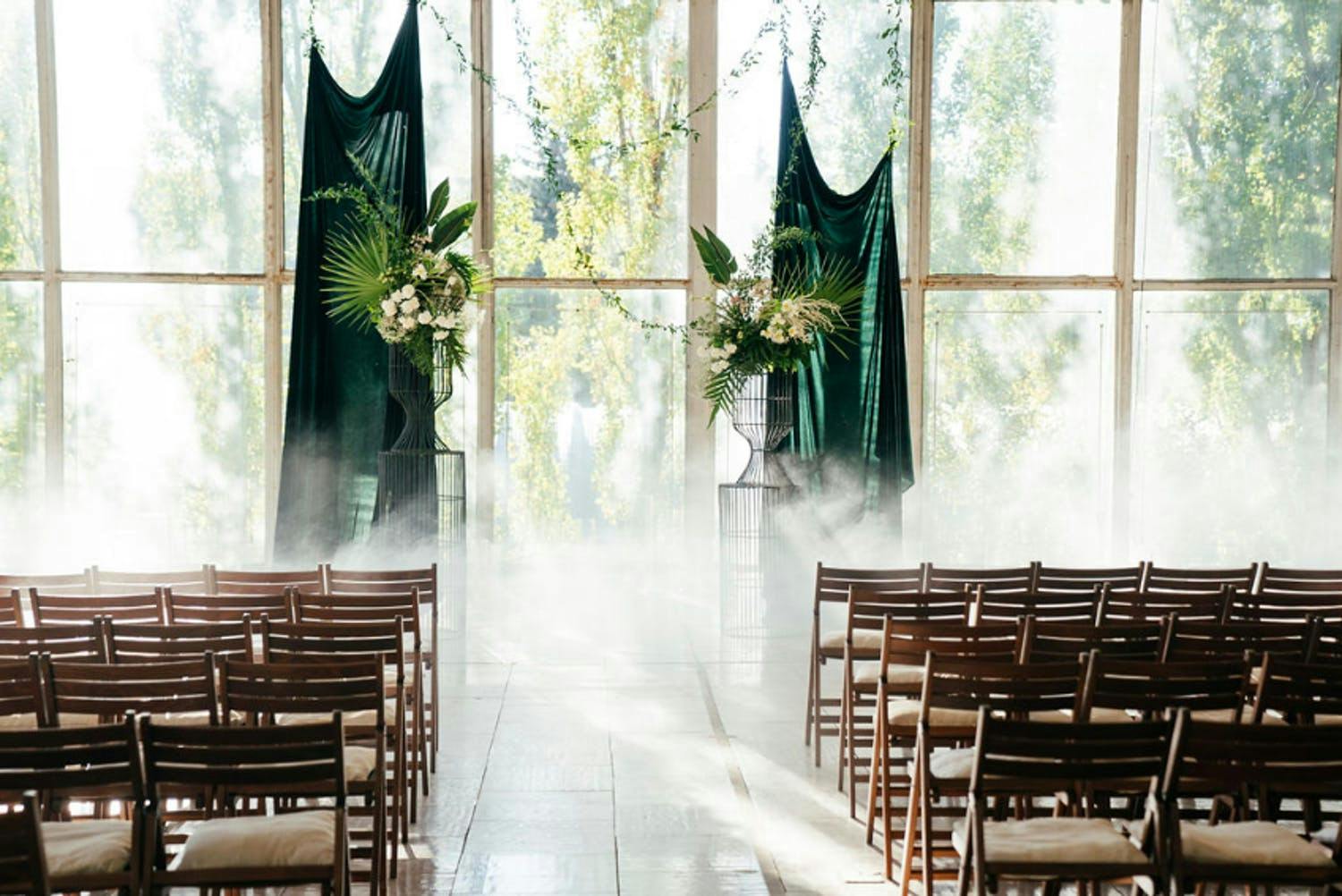 Modern Wedding Ceremony With Green Velvet Curtain Backdrop | PartySlate